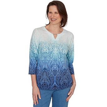 Petite Alfred Dunner Ombre Medallion Knit Top with Three-Quarter Sleeves