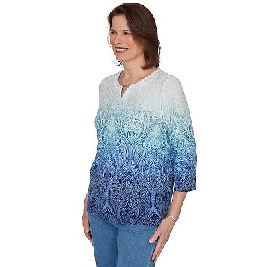 Petite Alfred Dunner Ombre Medallion Knit Top with Three-Quarter Sleeves