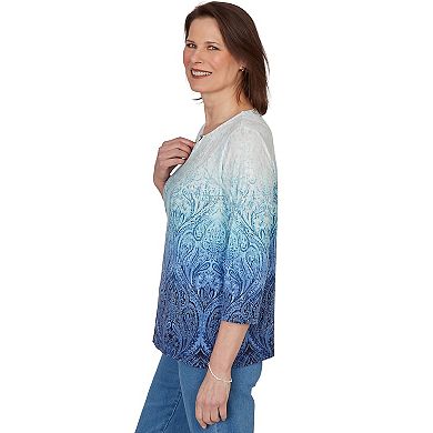 Petite Alfred Dunner Ombre Medallion Knit Top with Three-Quarter Sleeves