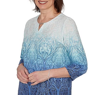 Petite Alfred Dunner Ombre Medallion Knit Top with Three-Quarter Sleeves