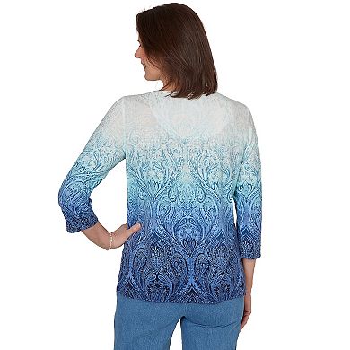 Petite Alfred Dunner Ombre Medallion Knit Top with Three-Quarter Sleeves