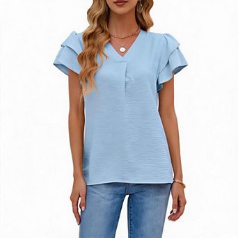 V Neck Double Layer Ruffle Sleeve Crinkled Blouse Loose Fit Women Casual Shirts