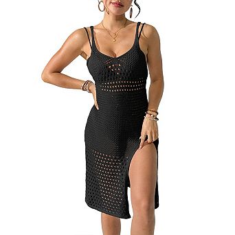 Women Crochet Swimsuit Cover up V Neck Knit Slit Bathing Suit Hollow Out Beach Vacation Tank Dress