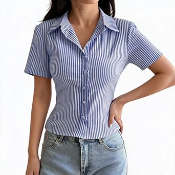 Women Striped Collar Short Sleeve Button Down Fitted Cropped Blouse Shirt