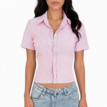 Women Striped Collar Short Sleeve Button Down Fitted Cropped Blouse Shirt