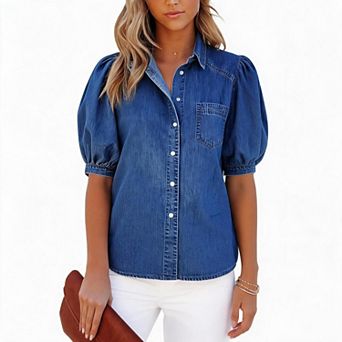 Women Puff Short Sleeve Denim Shirt Lapel Pocket Button Down Casual Jean Blouse
