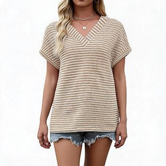 Women Striped V Neck Cuffed Dolman Short Sleeve Casual Knit Tunic Top