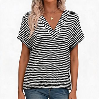 Women Striped V Neck Cuffed Dolman Short Sleeve Casual Knit Tunic Top