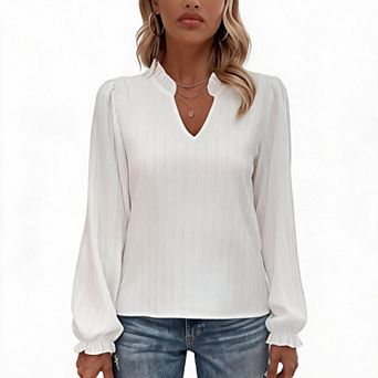 Womens Ruffle Neck V Cutout Long Sleeve Blouse Textured Puff Cuff Casual Top