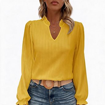 Womens Ruffle Neck V Cutout Long Sleeve Blouse Textured Puff Cuff Casual Top