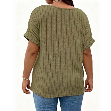 Plus Size Ribbed Knit Notch Neck Top Short Sleeve Casual Blouse with Pockets
