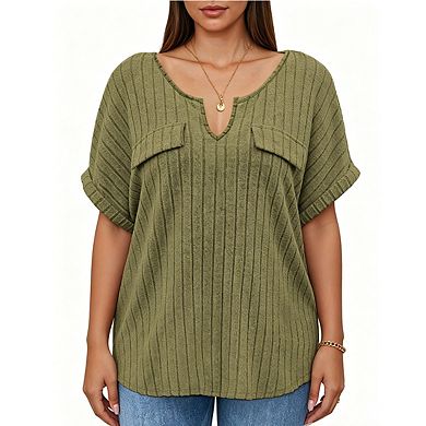 Plus Size Ribbed Knit Notch Neck Top Short Sleeve Casual Blouse with Pockets