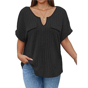 Plus Size Ribbed Knit Notch Neck Top Short Sleeve Casual Blouse with Pockets