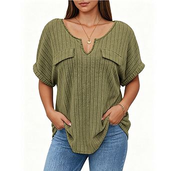 Plus Size Ribbed Knit Notch Neck Top Short Sleeve Casual Blouse with Pockets