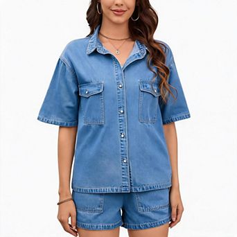 Womens Short Sleeve Button Down Denim Shirt Loose Fit Lapel Casual Top with Chest Pockets