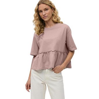 Women's Round Neck Short Sleeve Top Ruffle Hem Casual Daily Loose Fit Blouse