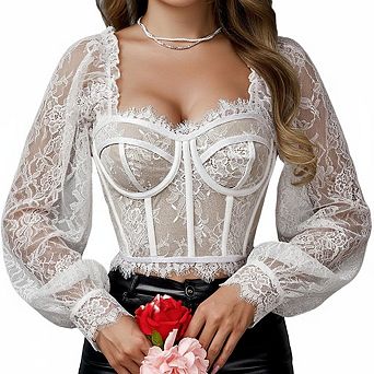 Women's Square Neck Lace Long Sleeve Crop Top Slim Fit Casual Going Out Blouse