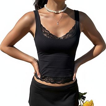Women's Square Neck Lace Trim Tank Top Slim Fit Casual Daily Layering Blouse