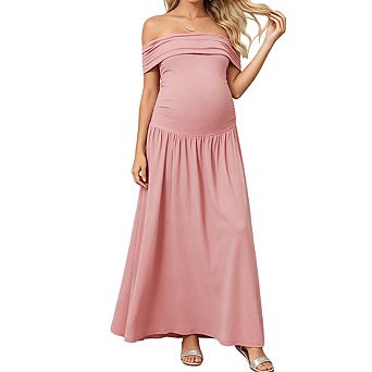 Women's Off Shoulder Ruched Waist Full Length Maternity Maxi Dress
