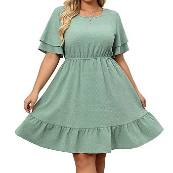 Plus Size Womens Round Neck Ruffle Short Sleeve Elastic Waist Swiss Dot Mini Casual Dress