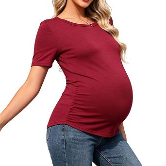 Women's Crew Neck Short Sleeve Maternity Tops Side Ruched Stretchy Tee Shirt