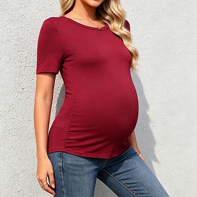 Women's Crew Neck Short Sleeve Maternity Tops Side Ruched Stretchy Tee Shirt