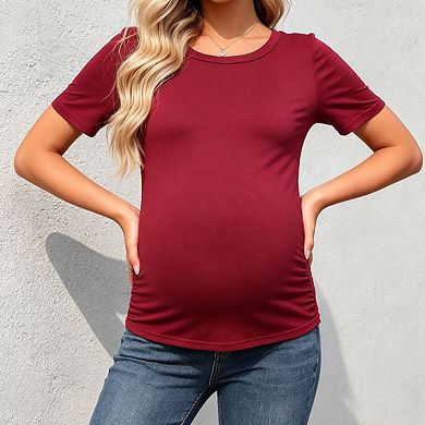 Women's Crew Neck Short Sleeve Maternity Tops Side Ruched Stretchy Tee Shirt