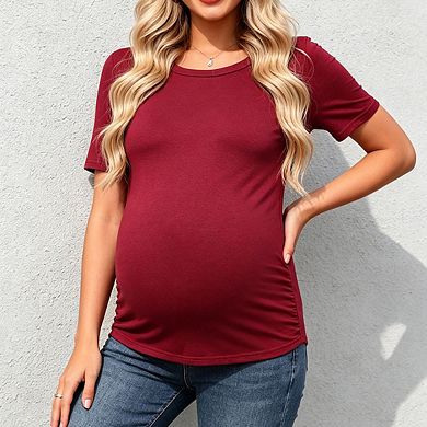 Women's Crew Neck Short Sleeve Maternity Tops Side Ruched Stretchy Tee Shirt