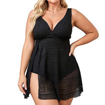 Plus Size Womens V Neck Adjustable Spaghetti Strap Side Split Textured Lace 1 pc Swimsuit