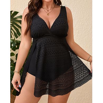 Plus Size Womens V Neck Adjustable Spaghetti Strap Side Split Textured Lace 1 Piece Swimsuit
