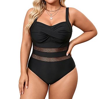 Plus Size Women's Sweetheart Wrap Front Adjustable Strap Mesh Panel 1 pc Swimsuit
