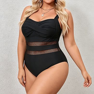 Plus Size Women's Sweetheart Wrap Front Adjustable Strap Mesh Panel 1 piece Swimsuit