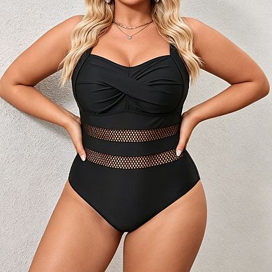 Plus Size Women's Sweetheart Wrap Front Adjustable Strap Mesh Panel 1 piece Swimsuit