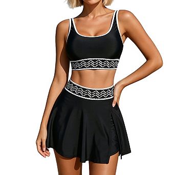 Women's Scoop Neck Adjustable Spaghetti Strap High Waist Skirted Two Piece Bikini Swimsuit Set