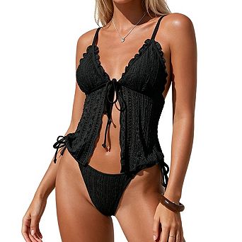 Women's V Neck Adjustable Spaghetti Strap Front Tie Lace Side Tie Two Piece Bikini Swimsuit Set