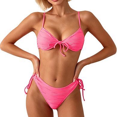Women's Adjustable Spaghetti Strap Textured Side Tie High Cut Two Piece Bikini Swimsuit Set