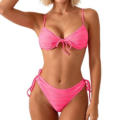 Women's Adjustable Spaghetti Strap Textured Side Tie High Cut Two Piece Bikini Swimsuit Set