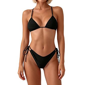 Women's Adjustable Spaghetti Strap Textured Side Tie High Cut Two Piece Bikini Swimsuit Set