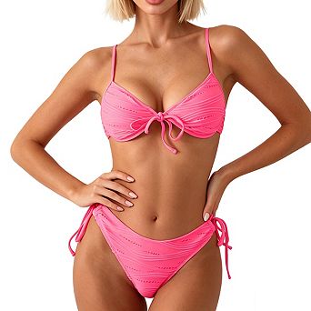 Women's Adjustable Spaghetti Strap Textured Side Tie High Cut Two Piece Bikini Swimsuit Set