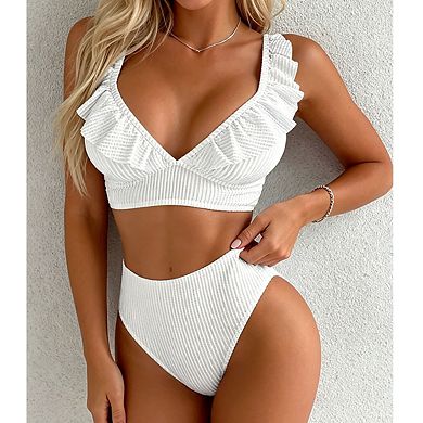 Womens V Neck Ruffle Adjustable Spaghetti Strap Striped High Waist Two Piece Bikini Swimsuit Set