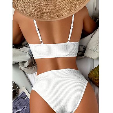 Womens V Neck Ruffle Adjustable Spaghetti Strap Striped High Waist Two Piece Bikini Swimsuit Set