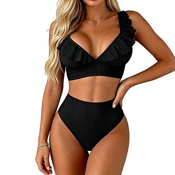 Womens V Neck Ruffle Adjustable Spaghetti Strap Striped High Waist Two Piece Bikini Swimsuit Set