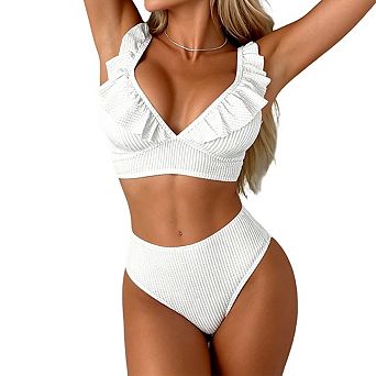 Womens V Neck Ruffle Adjustable Spaghetti Strap Striped High Waist Two Piece Bikini Swimsuit Set