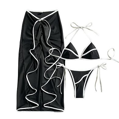 Women's Halter Front Tie Side Tie High Cut Cover Up Skirt 3 Piece Bikini Swimsuit Set