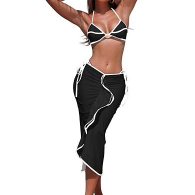 Women's Halter Front Tie Side Tie High Cut Cover Up Skirt 3 Piece Bikini Swimsuit Set