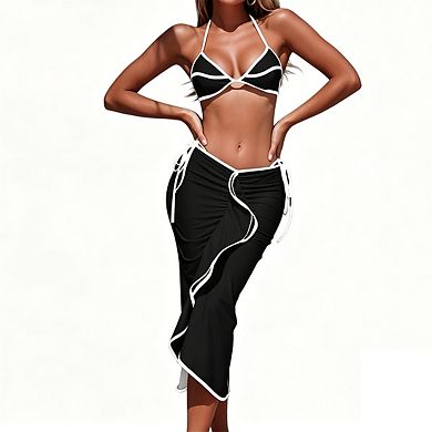 Women's Halter Front Tie Side Tie High Cut Cover Up Skirt 3 Piece Bikini Swimsuit Set