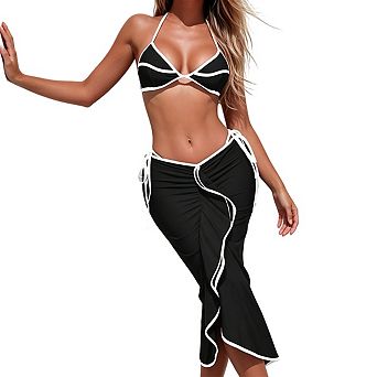 Women's Halter Front Tie Side Tie High Cut Cover Up Skirt 3 pc Bikini Swimsuit Set