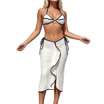 Women's Halter Front Tie Side Tie High Cut Cover Up Skirt 3 pc Bikini Swimsuit Set