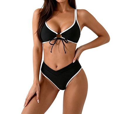 Women's V Neck Front Keyhole Tie Adjustable Spaghetti Strap High Waist Two Piece Bikini Swimsuit Set