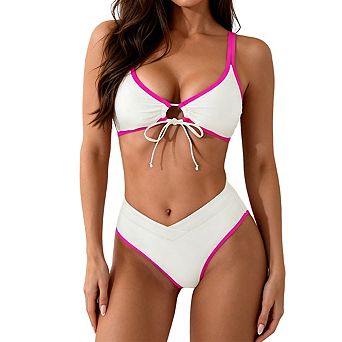 Women's V Neck Front Keyhole Tie Adjustable Spaghetti Strap High Waist Two Piece Bikini Swimsuit Set